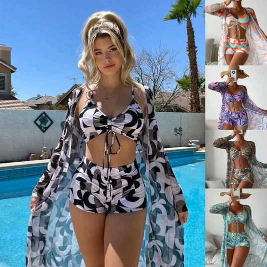 Womens Sexy 3 Pieces Stripe Printed Bikini Swimsuit Set Long Cardigan Cover Up Beach Swimwear Outfits Set