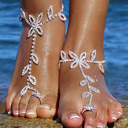 2Pair Summer Beach Rhinestone Barefoot Sandals Foot Chain with Toe Ring Boho Crystal Anklets Bracelet Wedding Bridal Rhinestone Anklet Foot Chain Jewelry for Women