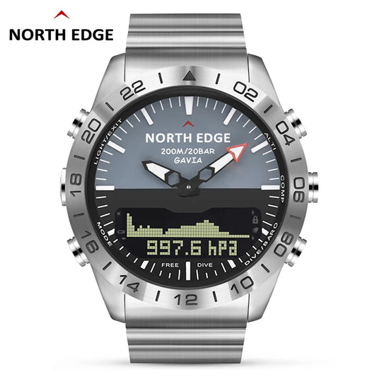 NORTH EDGE GAVIA Pilot Watch Luxury Stainless Steel Analog Digital Watches for Men Altimeter Compass Outdoor Sports Business Casual Watch Waterproof 200m
