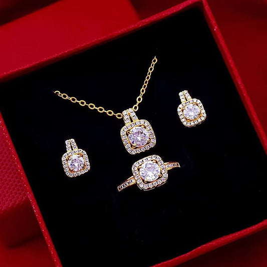 Cubic Zirconia Wedding Jewelry Sets for Bride Bridesmaid Cubic Zirconia Necklace Earrings and Open Ring Set for Women Birthday/Valentine's Day/Mother's Day/Christmas