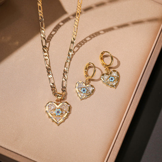 Real gold plated copper zircon heart pendant and wing earrings