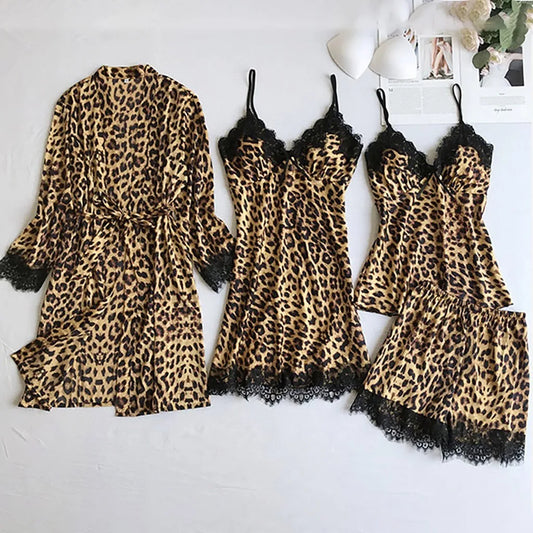 New women's leopard print pajama dress, set of 4 pieces, women's sleepwear, lingerie, sexy nightwear