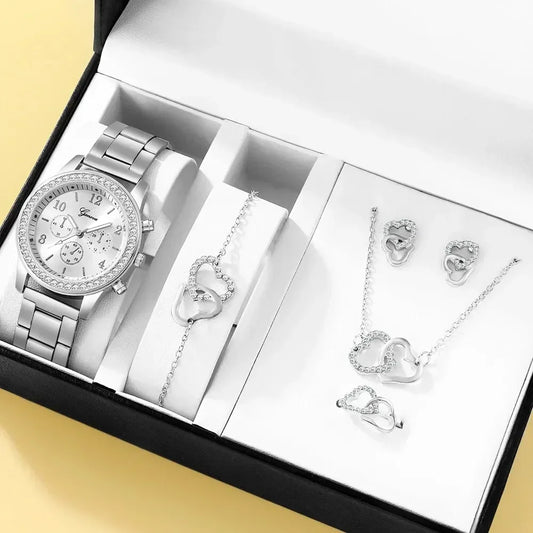 Women's 6 Piece Women's 6 Piece Jewelry Set, Luxury Watch with Bracelet, Necklace, Earring and Ring