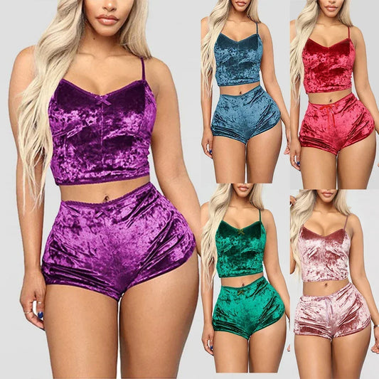 Women's Velvet 2 Piece Outfit Spaghetti Strap Sleeveless Crop Top & Shorts Set