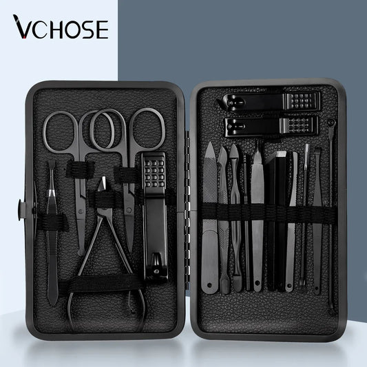 Black Nail Clipper 18 Set Stainless Steel Manicure Nail Scissors Pedicure Kit Nippers Trimmer Care Tool with Travel Case Kit