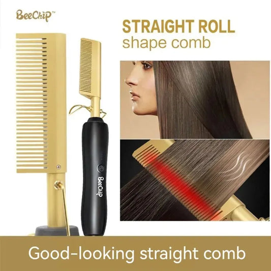 Hot Comb, Electric Hot Comb, Professional High Heat Ceramic Hair Press Comb, Multifunctional Copper Hair Straightener for American African Hair - Gold