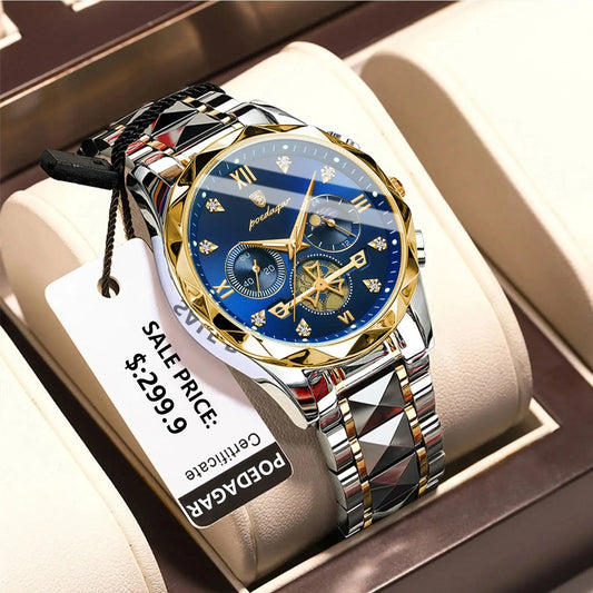 Men's Waterproof Analog Quartz Business Watch, Nice Black Stainless Steel Chronograph Luminous Date Watch, Business Luxury Dress, Black Diamond Face, Wrist Watch