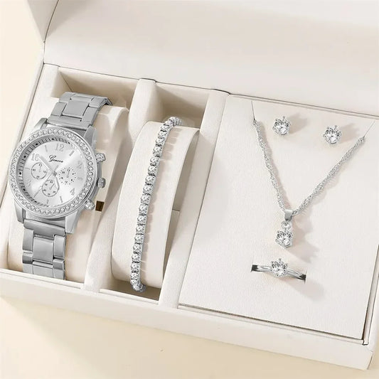 Women's 6 Piece Jewelry Set, Luxury Watch with Bracelet, Necklace, Earring and Ring
