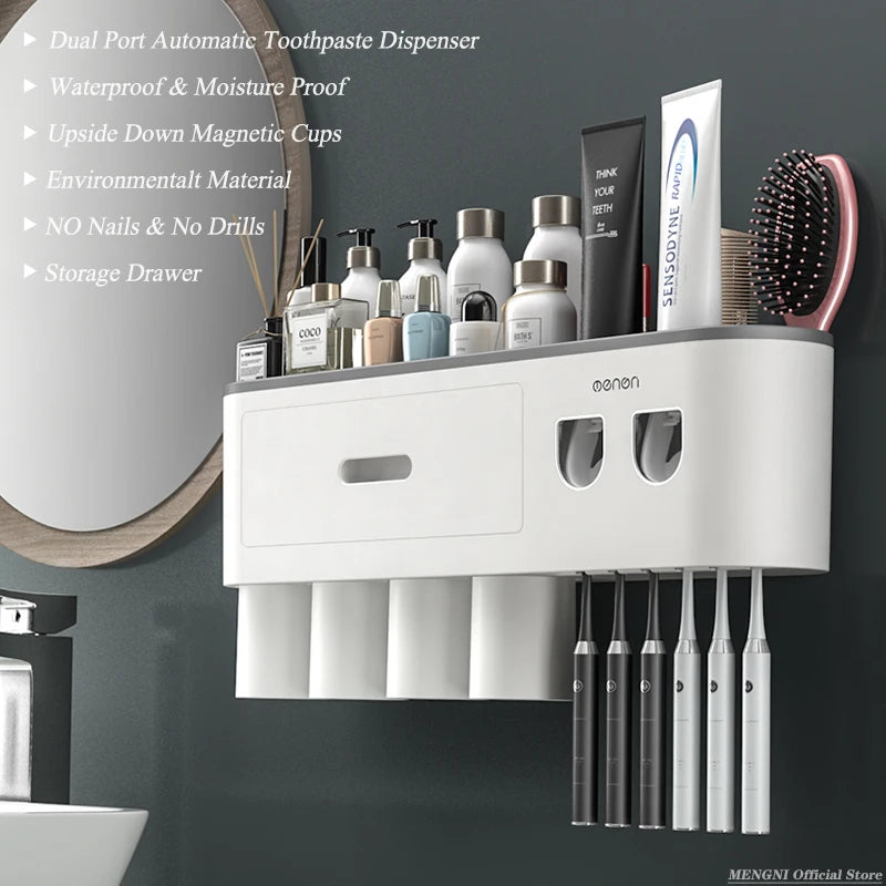 Toothbrush Holder Wall-Mounted Automatic Toothpaste Squeezer Dispenser Magnetic Adsorption Inverted Cup Rack Bathroom Cute