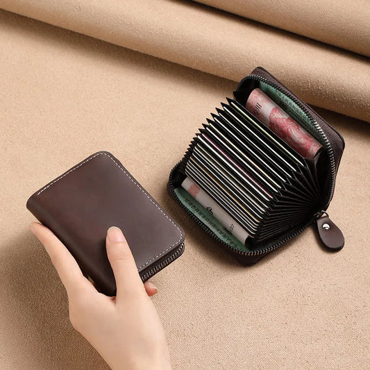 Credit Card Holder Genuine Leather Mini Card Wallet Women or Men 20 Card Slots RFID Blocking Accordion Wallet with Zipper