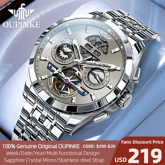OUPINKE Watches for Men Automatic Luxury Big Dial Mechanical Stainless Steel Mens Watch Waterproof Calendar Male Wristwatch