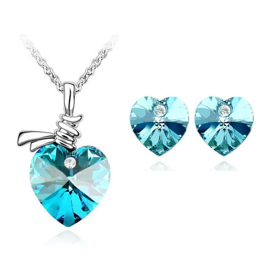 Queenberry Sterling Silver Blue Austrian Crystal Heart Earrings Pendant Necklace Set