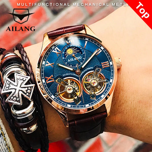 AILANG Men's Skeleton Watches Automatic Mechanical Watch with Dual Balance Wheels