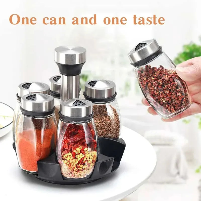 Revolving Spice Rack, 6-Jar Seasoning Organizer Holder 360° Rotation Shelf Tower Set with 6 Glass Spice Refill Containers Jars for Cabinet Countertop Kitchen Cooking (Spices Not Included)