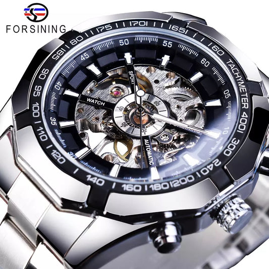 Forsining Men's Luxury Hollow Skeleton Automatic Mechanical Watch, Waterproof Wristwatch with Stainless Steel Band
