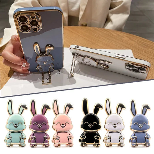Rabbit Phone Ring Holder Kickstand, ABS Electroplate Phone Back Grip Bunny Phone Hidden Stand Compatible with iPhone 14 Pro Max/13 Pro/12 Pro Max/Samsung LG Most Smartphones (Black+White)
