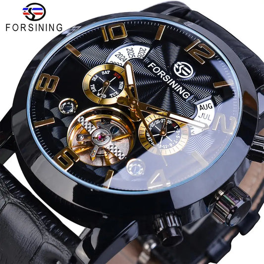Forsining Tourbillon Fashion Wave Black Golden Clock Multi Function Display Mens Automatic Mechanical Watches Top Brand Luxury