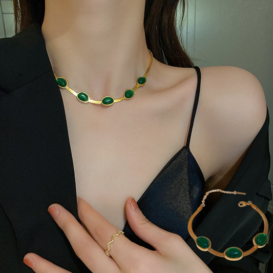 Fashion Jewelry Green Stone Crystal Snake Chain Multilayer Necklace For Women Pendant Boho Fashion Jewelry Gift