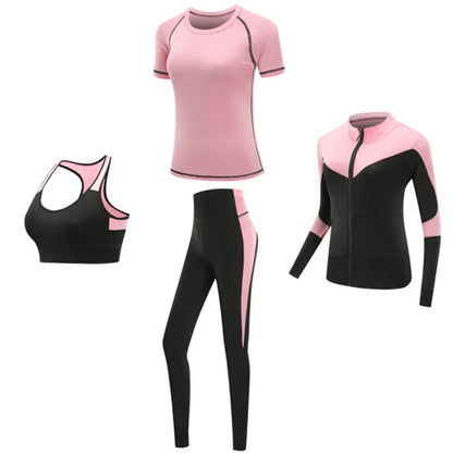 Women's Quick Dry Yoga Fitness Gym Sportswear Sets Yoga Clothes Coat+Bra+T-shirt+Tights Workout Running Training Pants