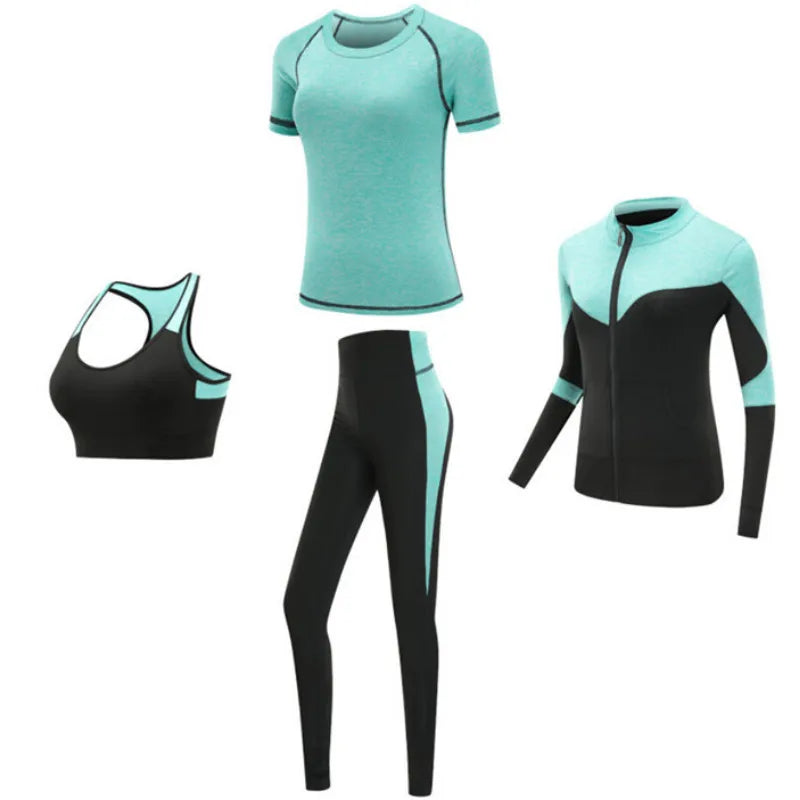 Women's Quick Dry Yoga Fitness Gym Sportswear Sets Yoga Clothes Coat+Bra+T-shirt+Tights Workout Running Training Pants