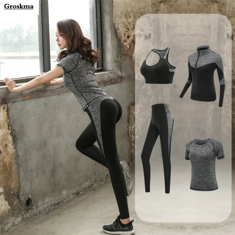 Women's Quick Dry Yoga Fitness Gym Sportswear Sets Yoga Clothes Coat+Bra+T-shirt+Tights Workout Running Training Pants