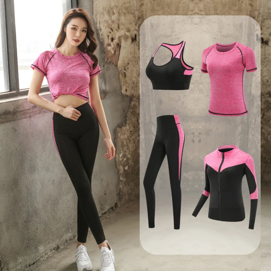 Women's Quick Dry Yoga Fitness Gym Sportswear Sets Yoga Clothes Coat+Bra+T-shirt+Tights Workout Running Training Pants