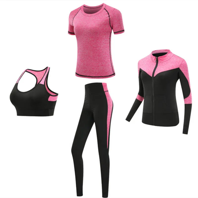 Women's Quick Dry Yoga Fitness Gym Sportswear Sets Yoga Clothes Coat+Bra+T-shirt+Tights Workout Running Training Pants